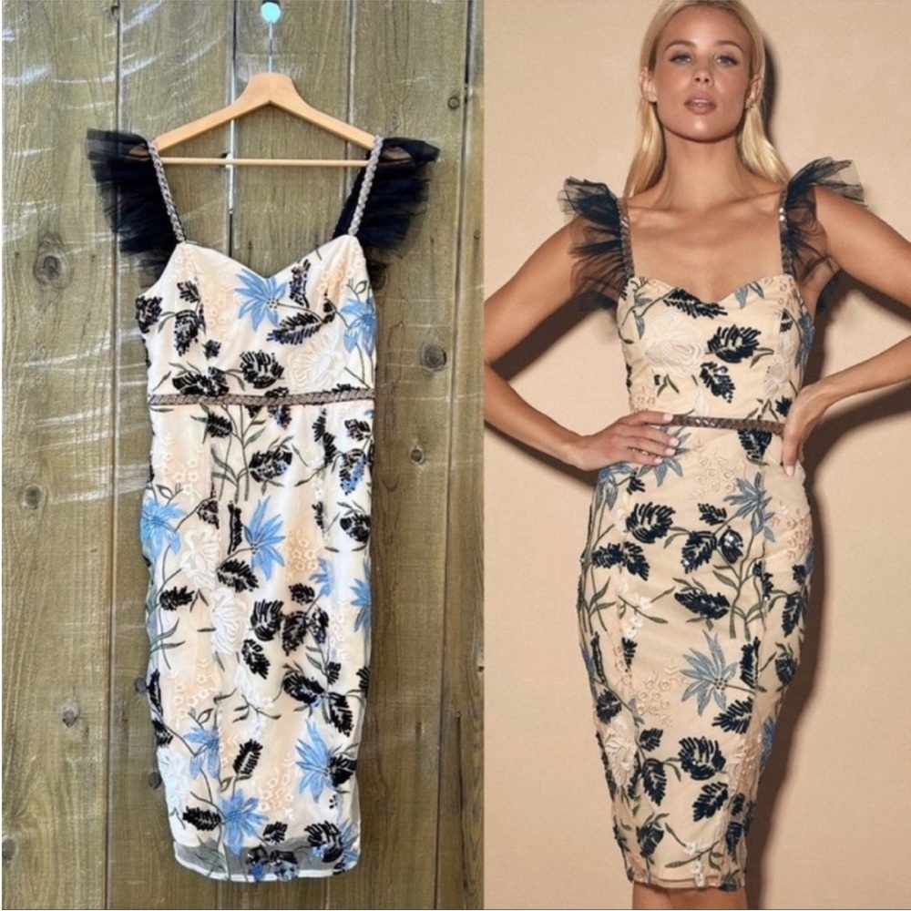 Cream Showstopper Embroidered Sequin Bodycon Midi Dress 🌿